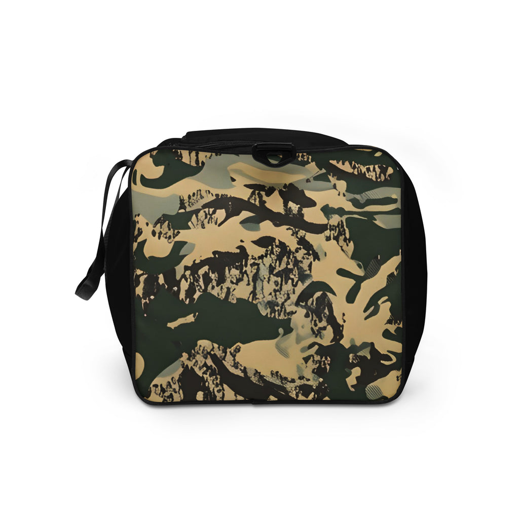 Left-side view of the TV-D1 Field Duffle Bag showing a TV-D1 camouflage panel and black mesh pocket.