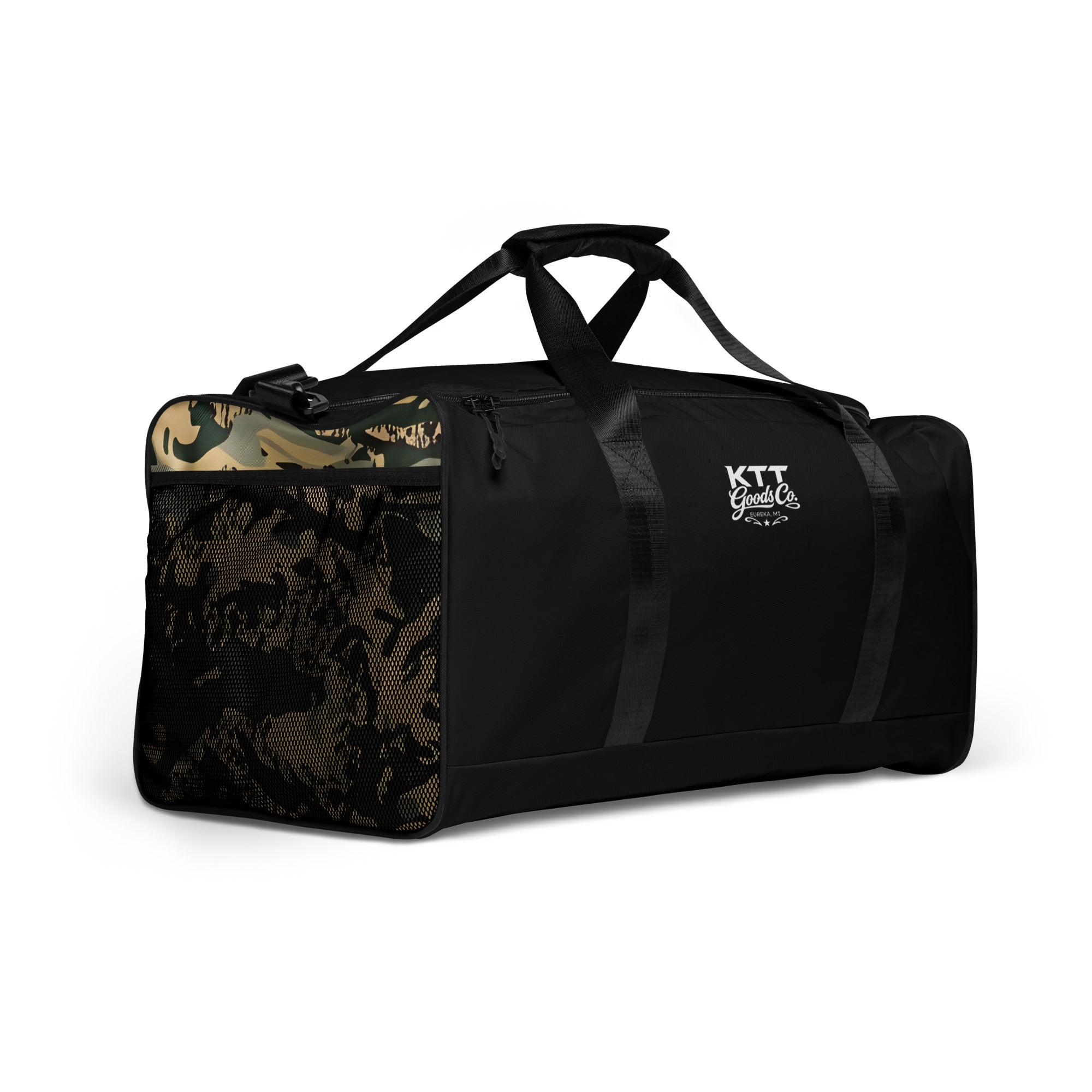 Right-front view of the TV-D1 Field Duffle Bag showing the single white KTT Goods Co. mark and a TV-D1 camouflage side panel.