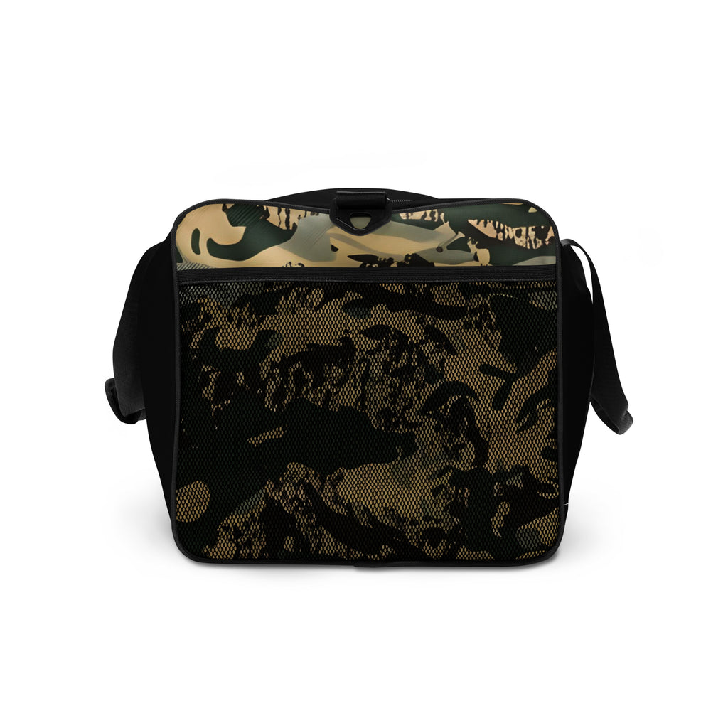 Right-side view of the TV-D1 Field Duffle Bag showing the TV-D1 camouflage side panel and black trim.