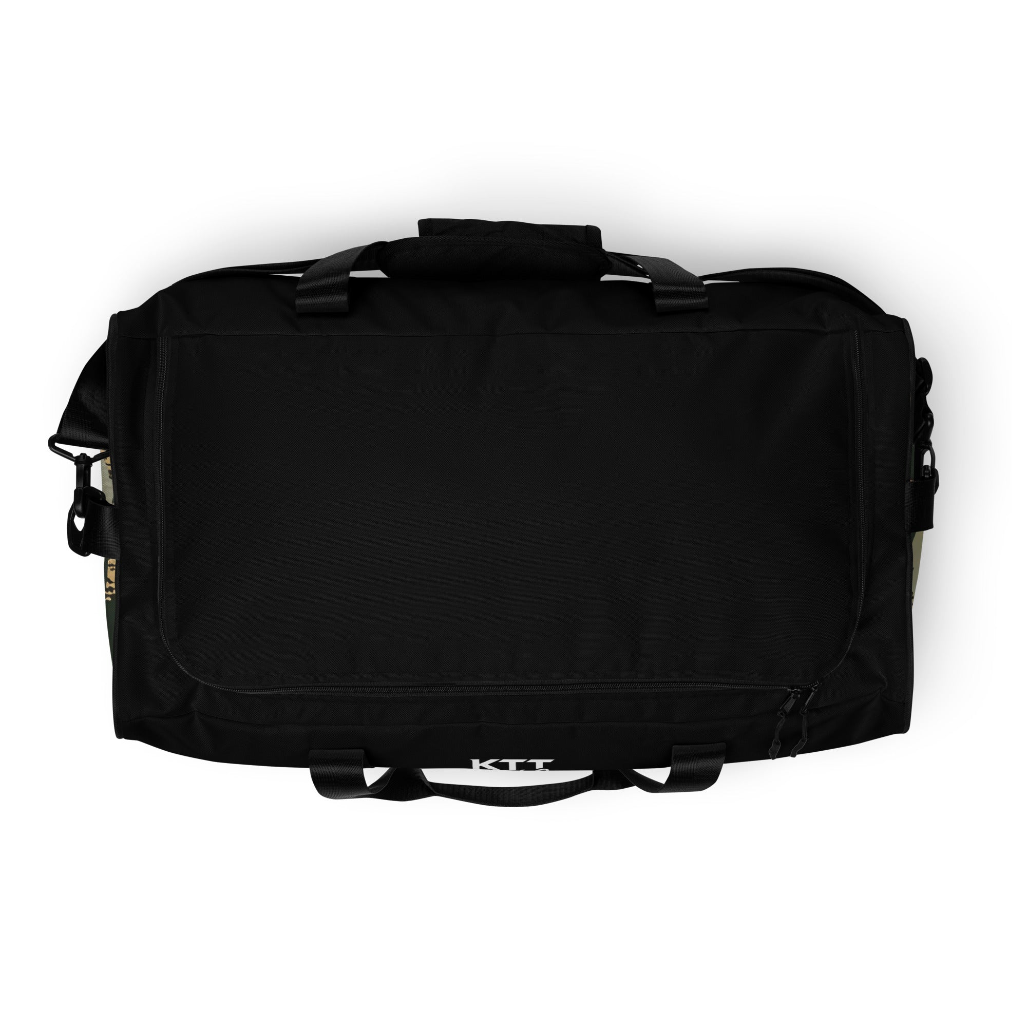 Top view of the TV-D1 Field Duffle Bag showing the black zippered top panel and carry handles.