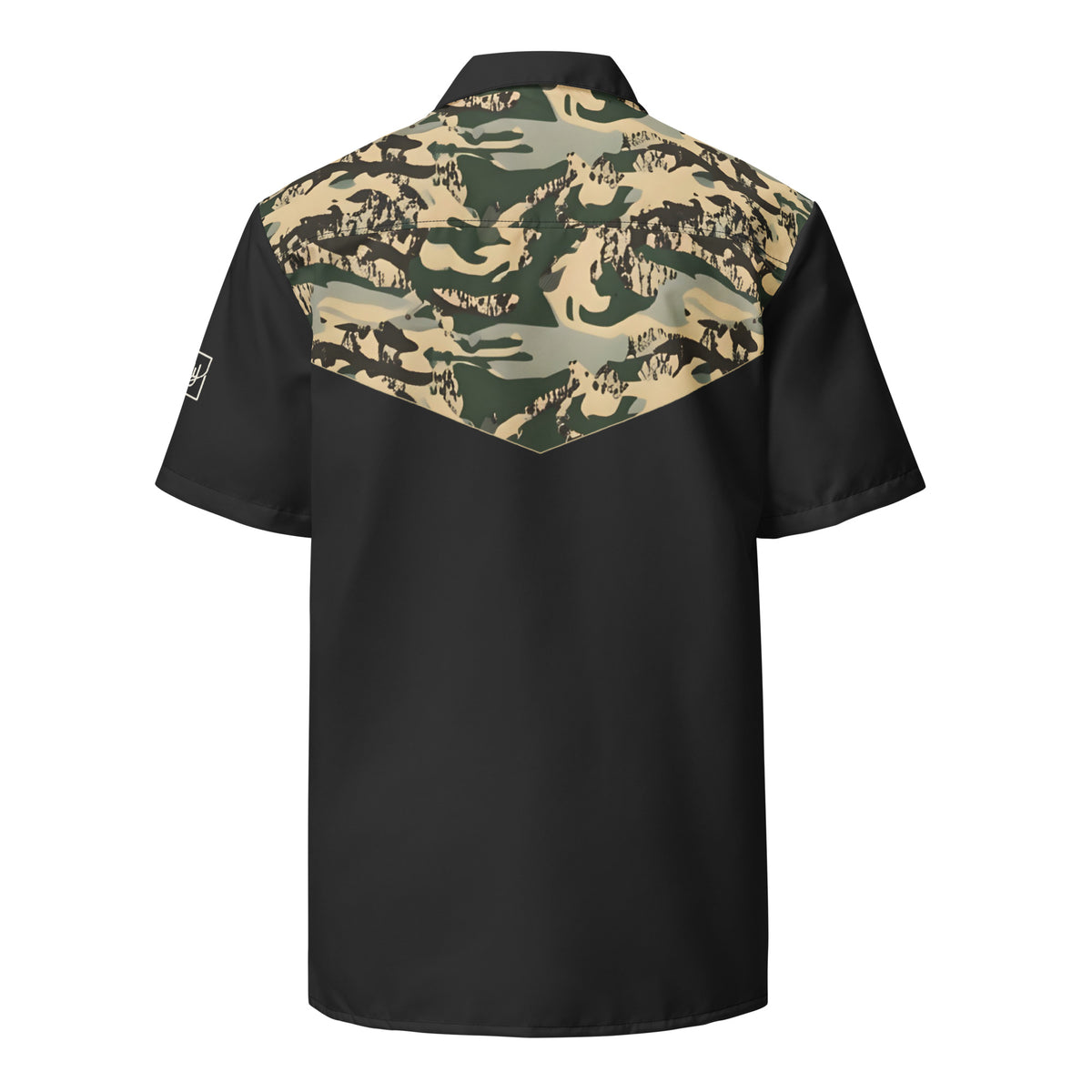 Back mockup of the black TV-D1 Western Button Shirt with a broad pointed camouflage yoke.