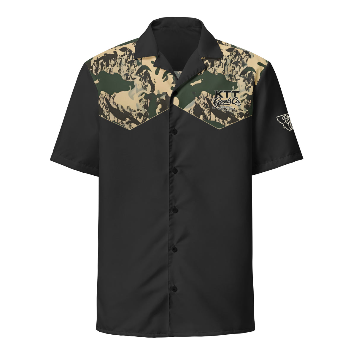 Front mockup of the black TV-D1 Western Button Shirt with printed camouflage yokes and KTT Goods Co. chest logo.