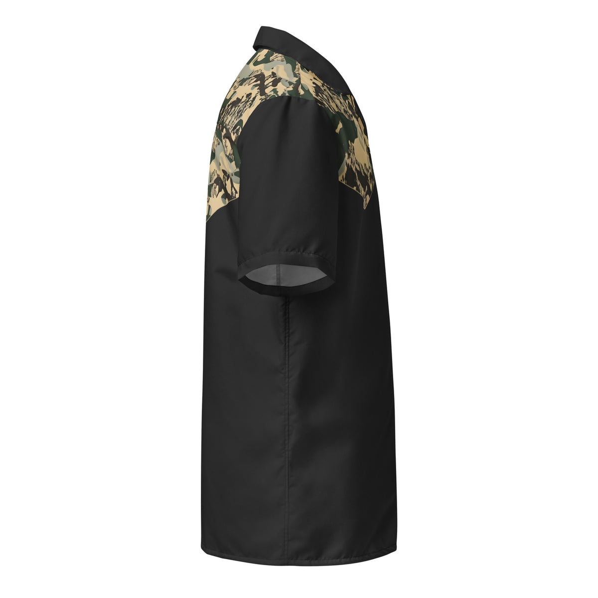 Right-side mockup of the black TV-D1 Western Button Shirt showing its plain black sleeve and camouflage shoulder.