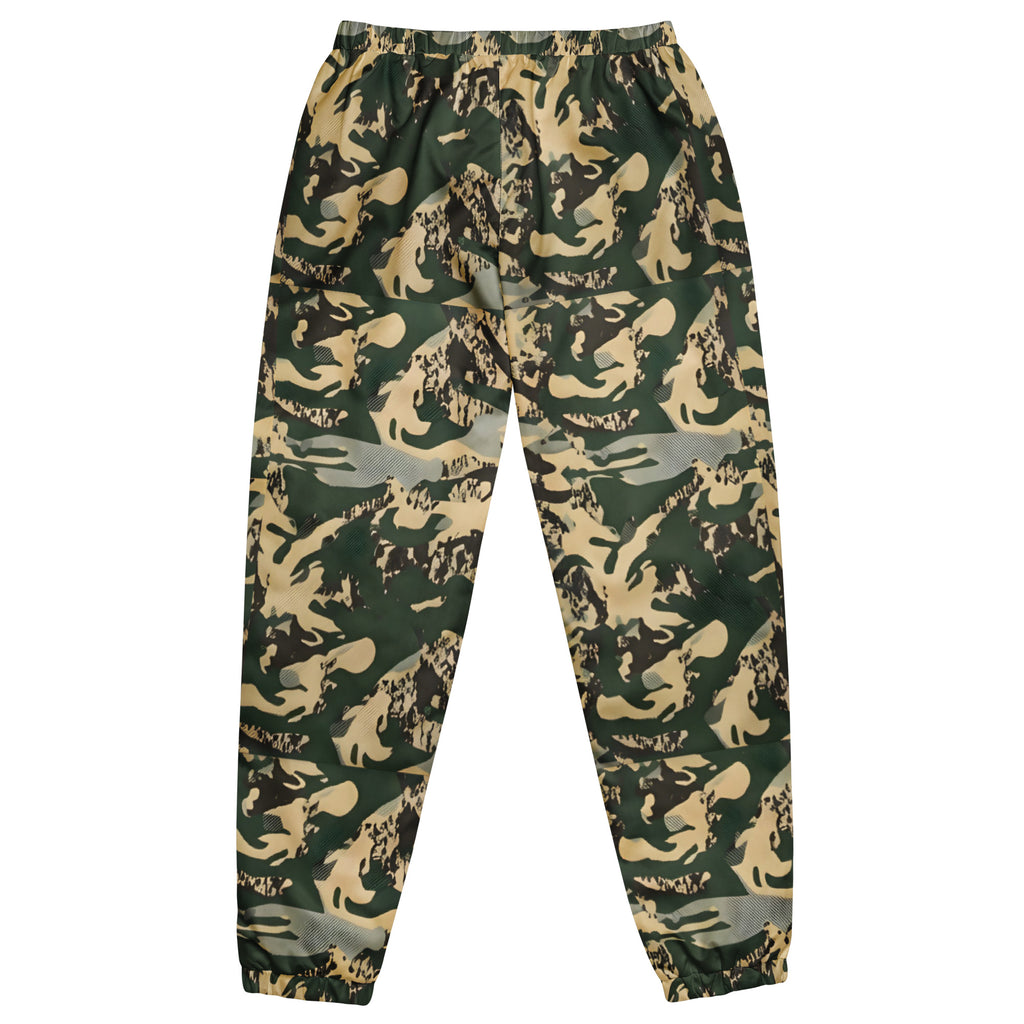 Back view of the TV-D1 Field Track Pants with all-over TV-D1 camouflage and black trim.