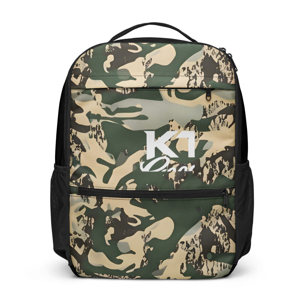 Front view of the TV-D1 Field Utility Backpack with one white KTT Goods Co. mark centered between the front zippers.