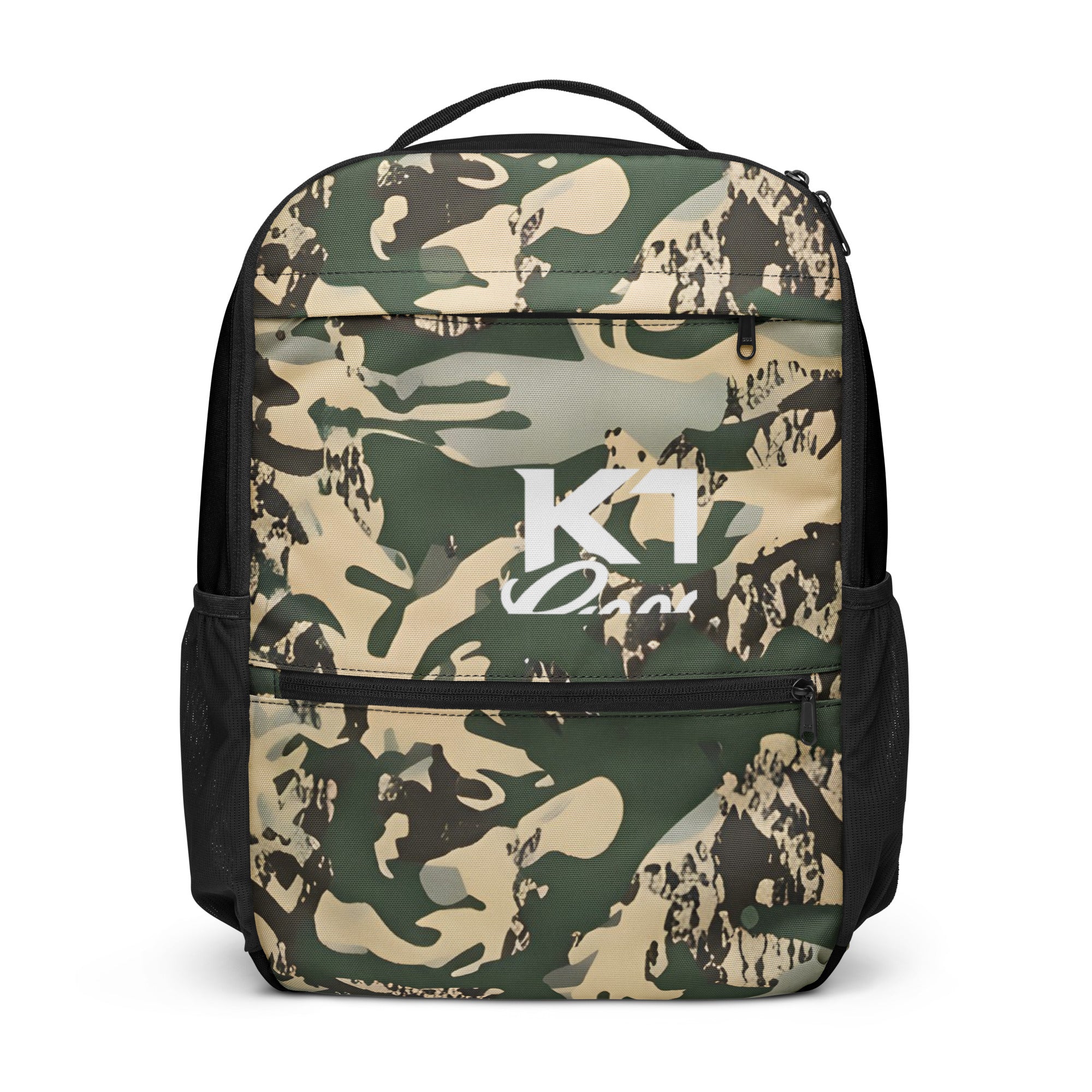 Front view of the TV-D1 Field Utility Backpack with one white KTT Goods Co. mark centered between the front zippers.