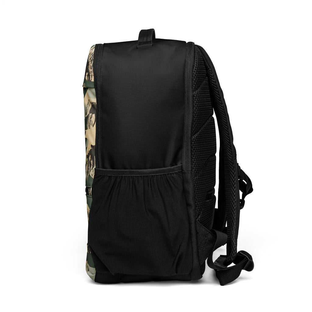 Left-side view of the TV-D1 Field Utility Backpack showing the side pocket and black trim.