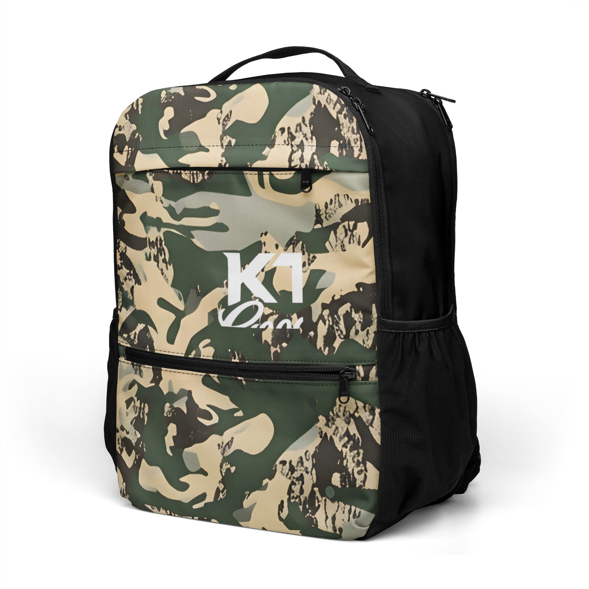 Left-front view of the TV-D1 Field Utility Backpack with TV-D1 camouflage and black trim.
