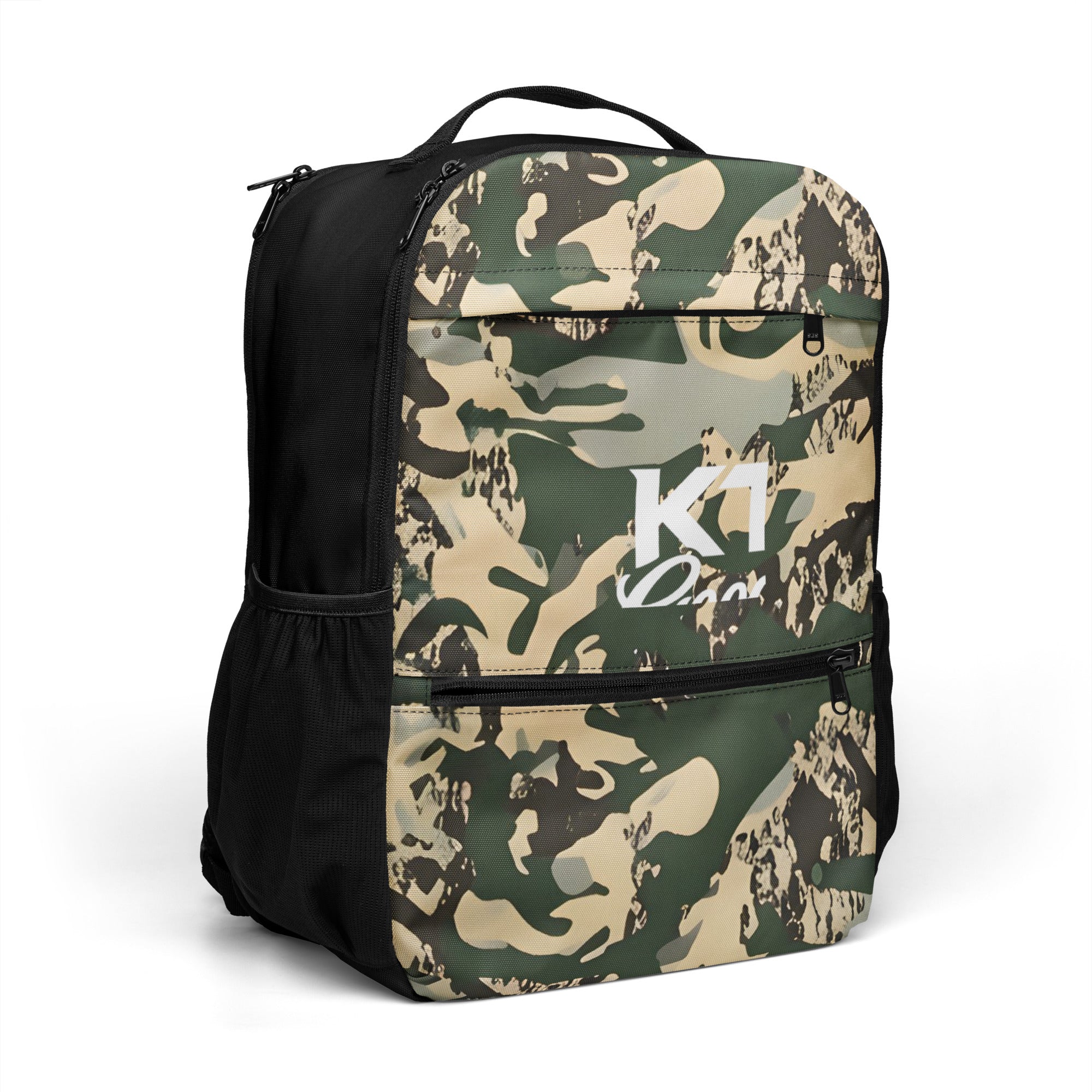 Right-front view of the TV-D1 Field Utility Backpack with TV-D1 camouflage and black trim.