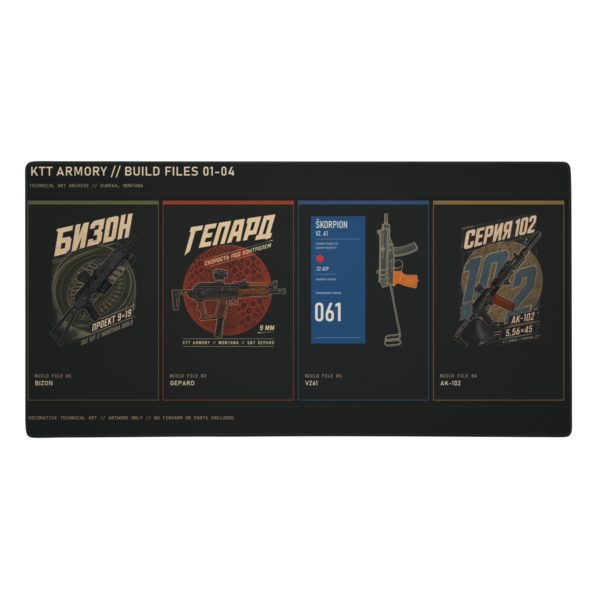 KTT Armory Build Files 01–04 gaming desk mat — 36 × 18 in top view