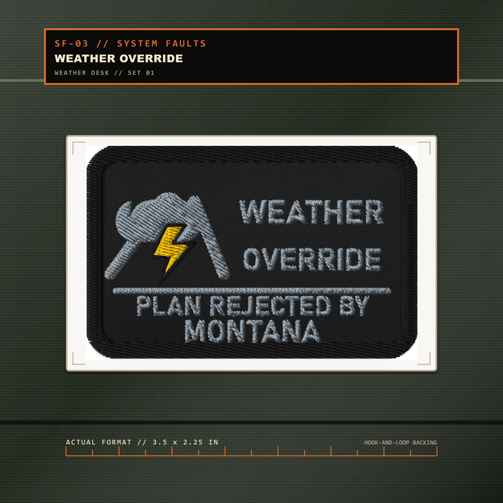 Weather Override exact embroidered patch on KTT field card