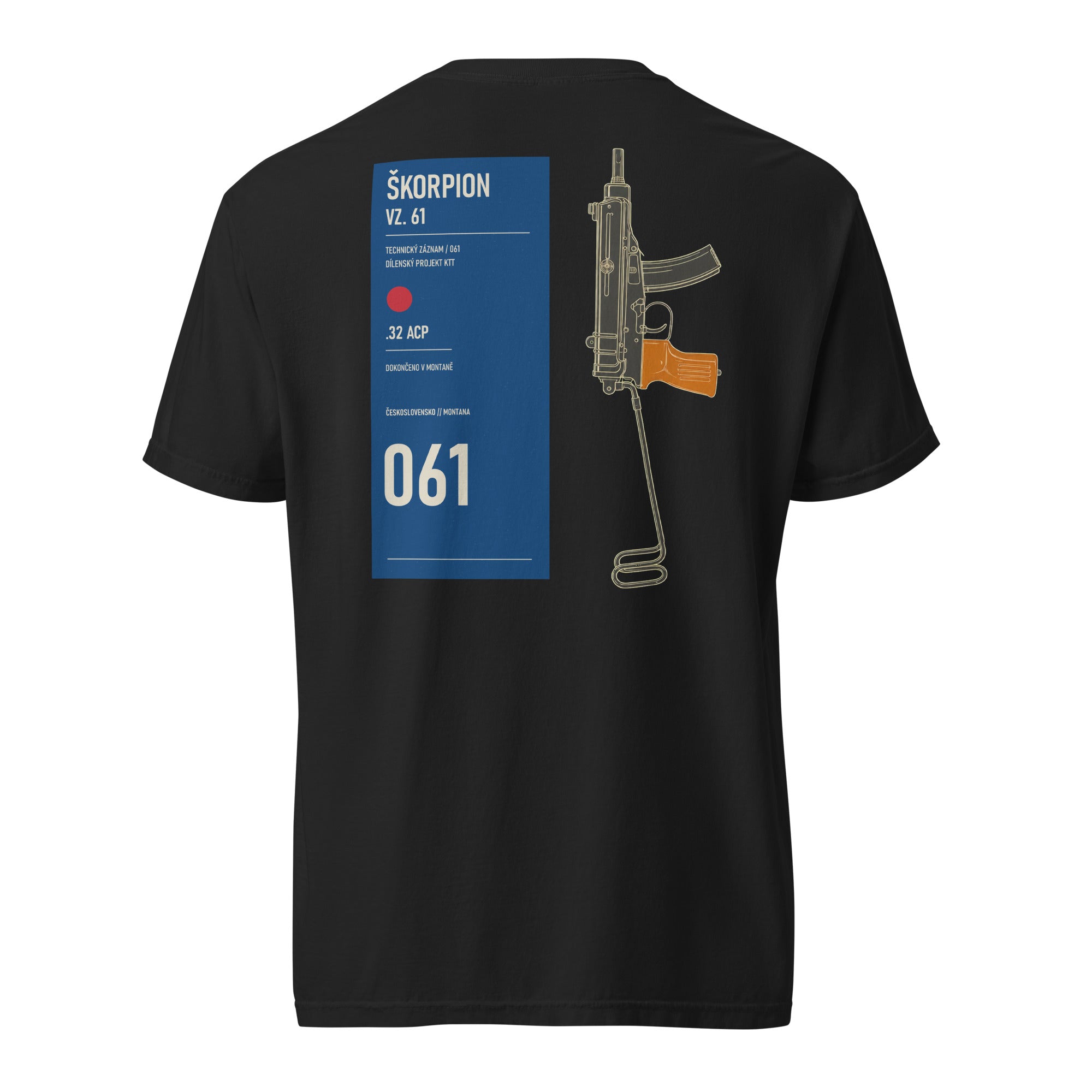 Back of black KTT VZ61 Skorpion Technical Record heavyweight tee