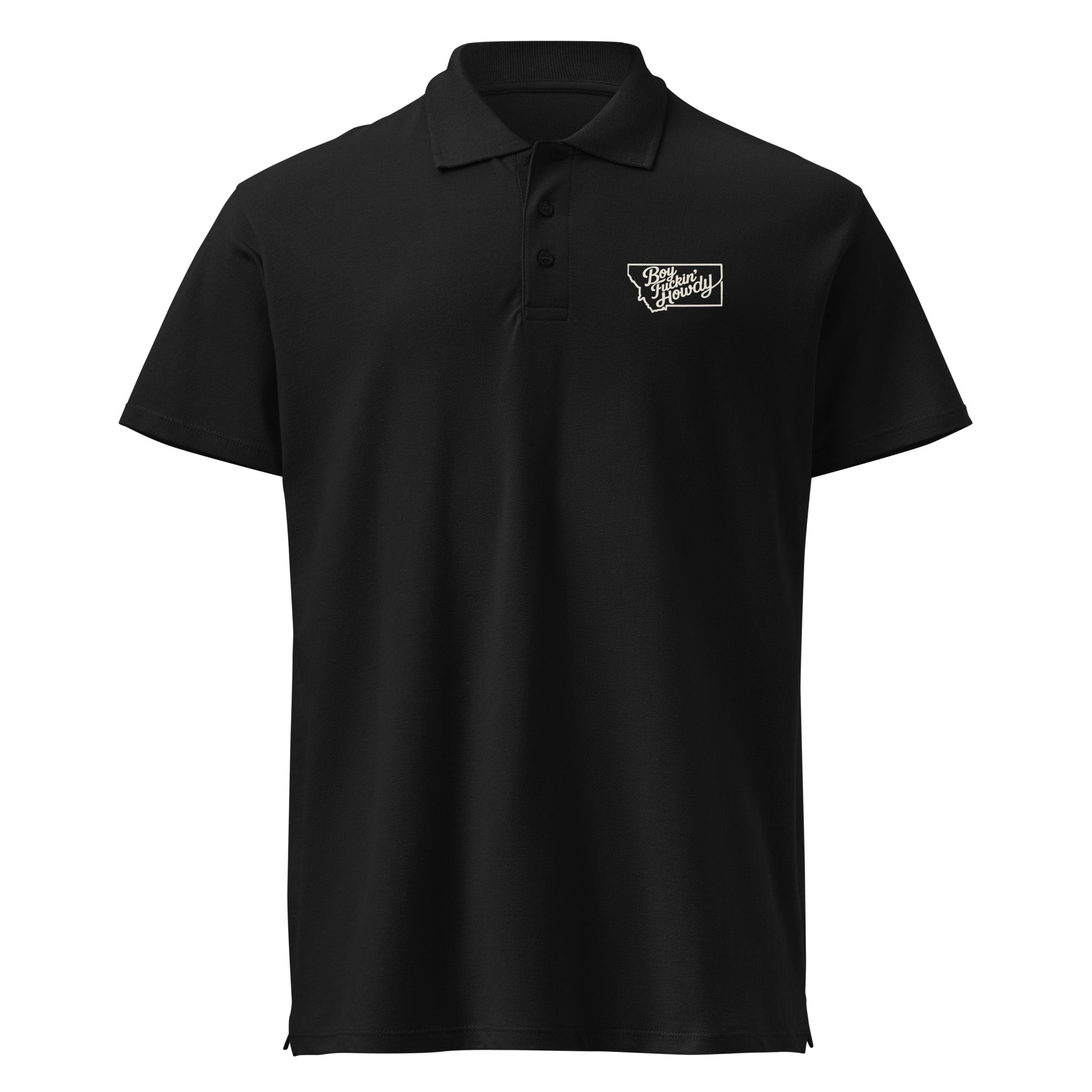 Boy Fuckin' Howdy Premium Polo — Black — front view